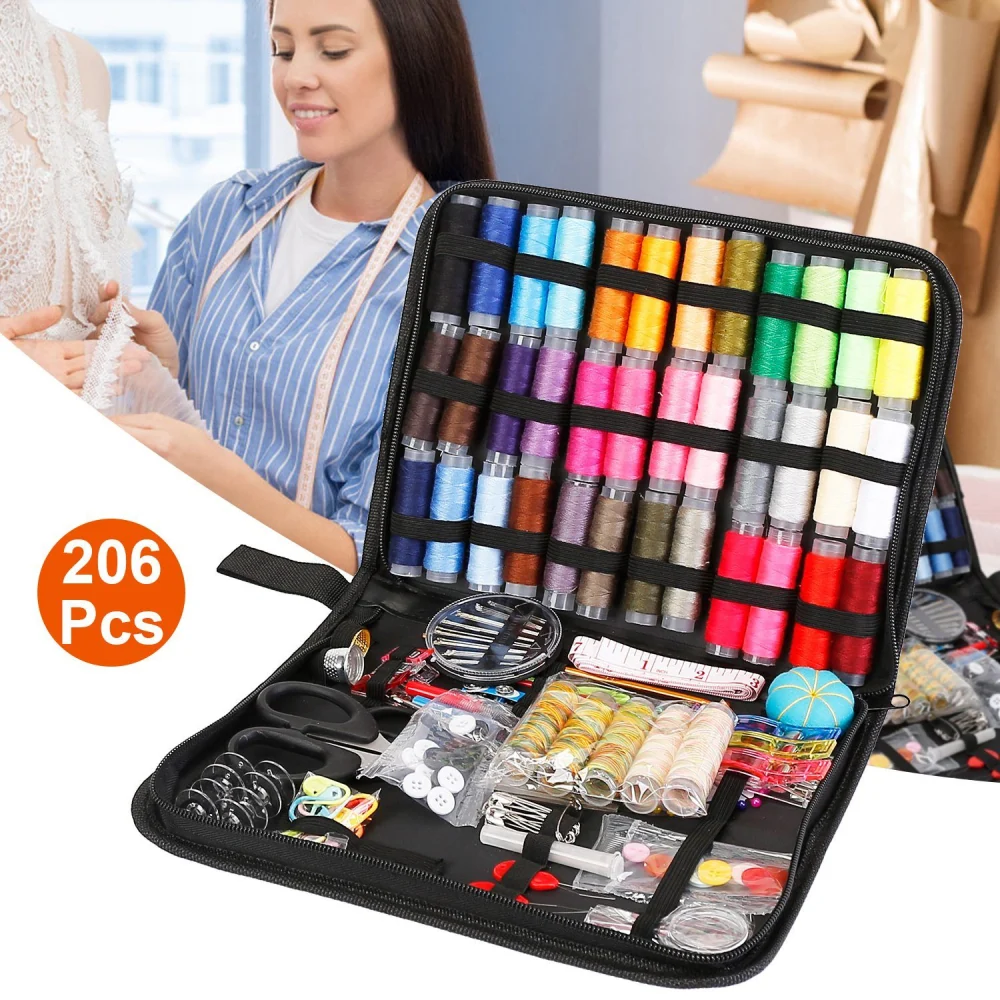Sewing kit containing 206 pieces, including colorful thread spools, scissors, buttons, and other sewing accessories, displayed in a black organized case.