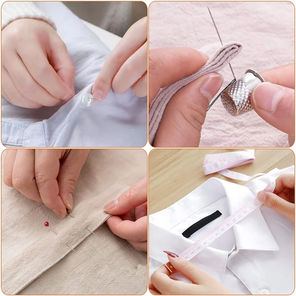 Hands performing various sewing tasks, including sewing a button, using a thimble with a needle, pinning fabric, and measuring a shirt collar with a tape measure.