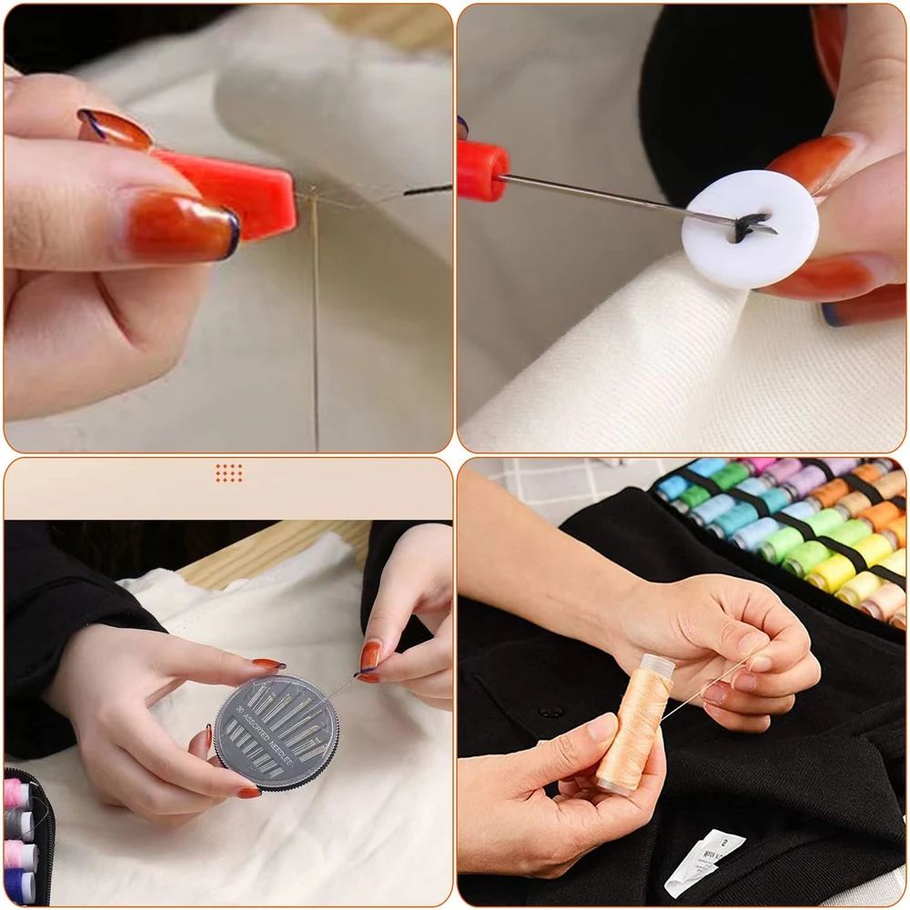 Four instructional images demonstrating sewing techniques: threading a needle, sewing on a button, organizing sewing needles, and preparing thread for stitching.