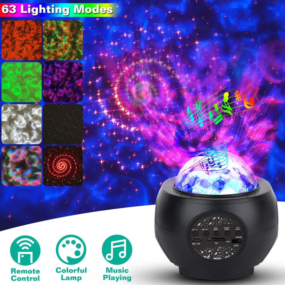 Colorful LED music lamp projector with 63 lighting modes and remote control, illuminating with a vibrant galaxy effect and musical notes.