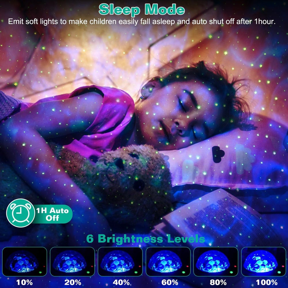 Child peacefully sleeping under colorful starry night light projector with soft glowing patterns, featuring a sleep mode and adjustable brightness levels for a calming bedtime environment.