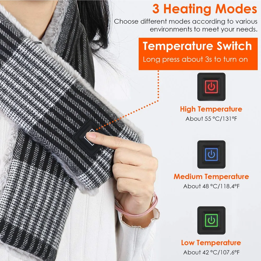 Image of a person wearing a stylish heated scarf with a visible temperature control button, showcasing three heating modes labeled high, medium, and low, ideal for adjusting warmth in different environments.