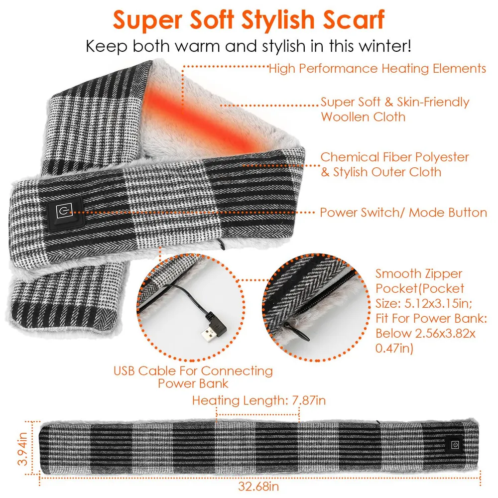 Super soft heated scarf with stylish black and white plaid design, featuring high-performance heating elements, a smooth zippered pocket for power bank connection, and dimensions of 32.68 inches in length and 3.94 inches in width.