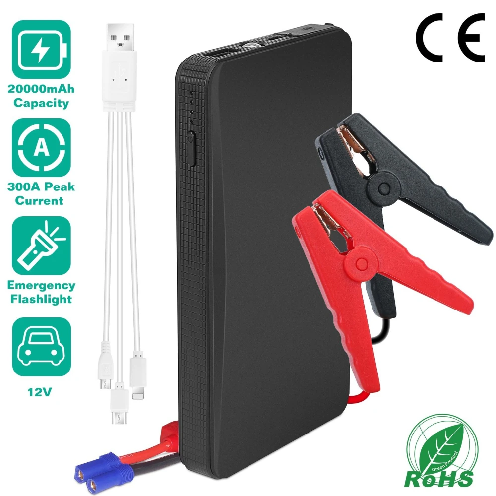 Portable car jump starter with 20000mAh capacity, 300A peak current, and emergency flashlight, featuring red and black jumper cables for easy vehicle battery jump-starting.