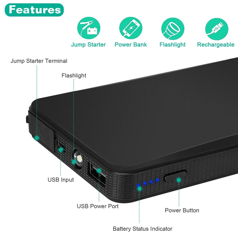 Portable jump starter and power bank with flashlight, featuring USB input and power port, battery status indicator, and a sleek black design.