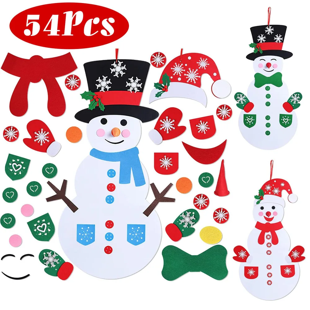 Colorful snowman craft kit featuring 54 felt accessories including hats, scarves, and facial features for festive holiday decorations.