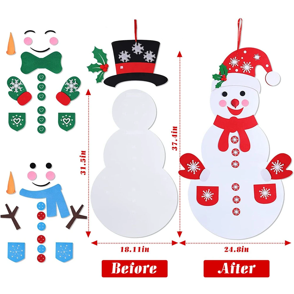 Colorful felt snowman craft kit with removable accessories, featuring a cheerful snowman design, before and after assembly dimensions, holiday decorations for kids.