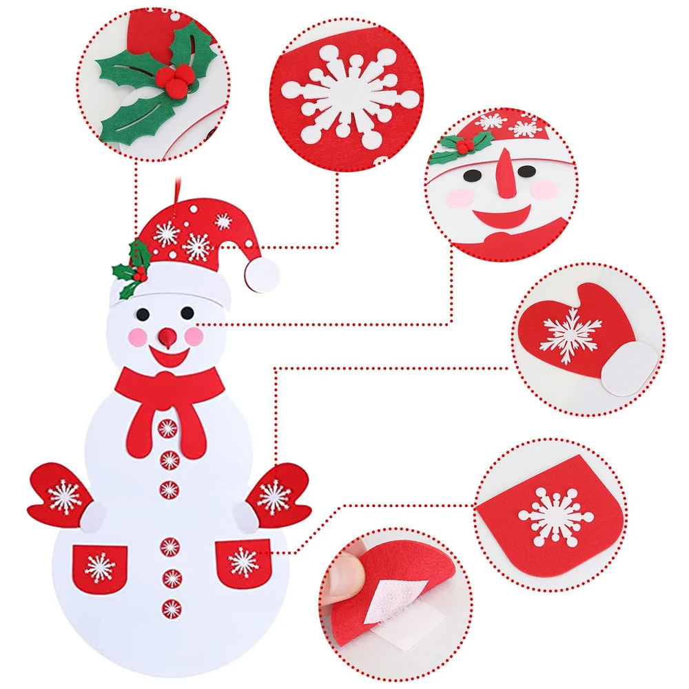 Colorful Christmas snowman craft kit featuring felt accessories like mittens and a hat, perfect for holiday decorations and festive activities.
