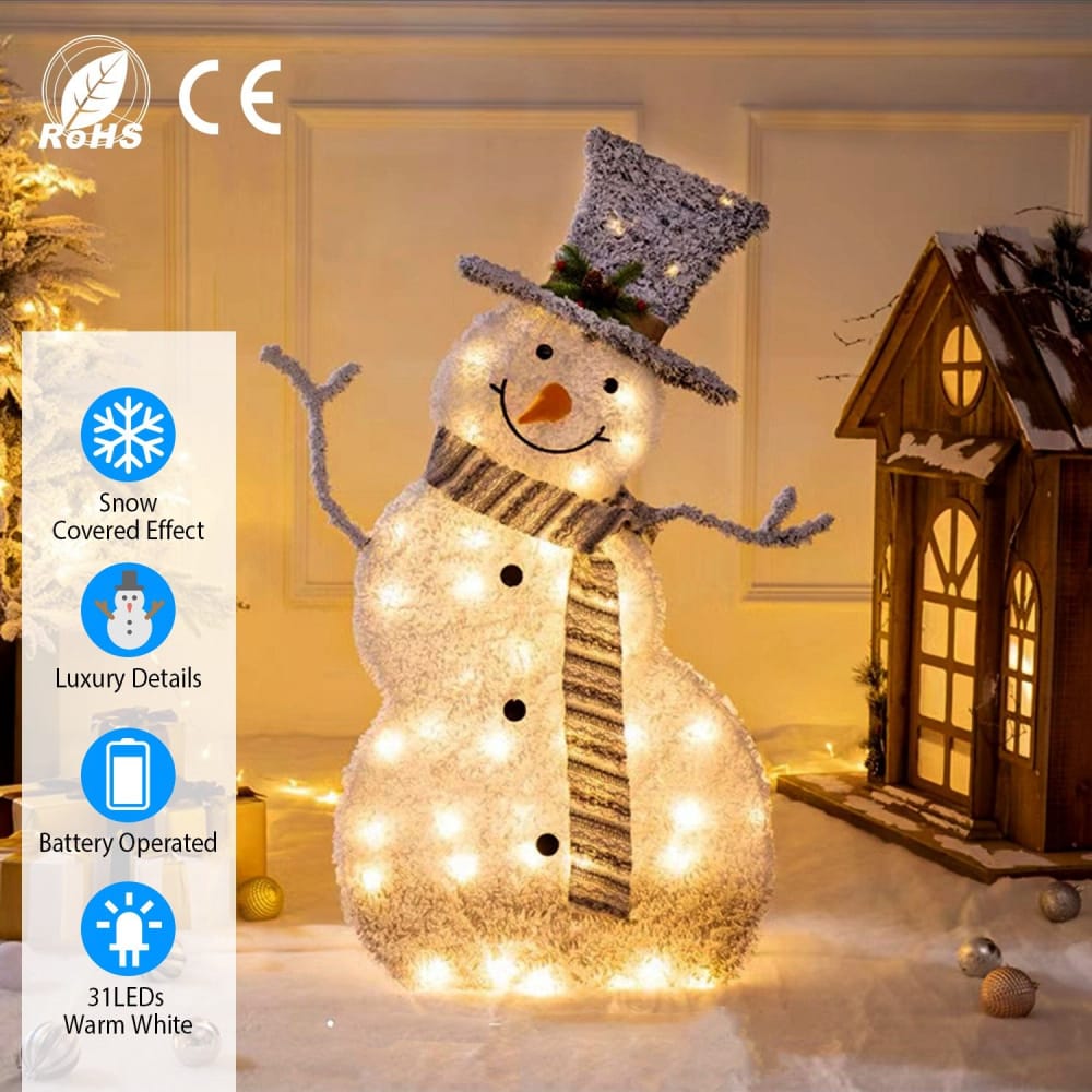 Battery-operated warm white LED snowman decoration with a snow-covered effect, featuring a striped scarf and a festive hat, surrounded by a cozy winter-themed setting.