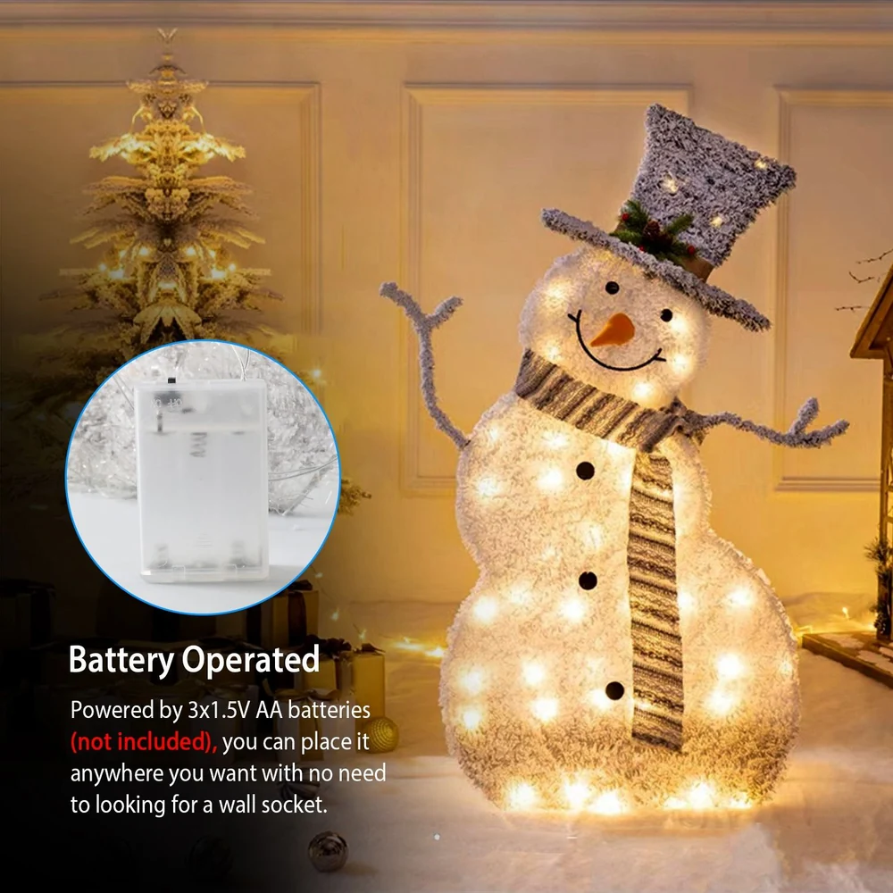 Battery-operated, illuminated Christmas snowman decoration with a cheerful smile, wearing a striped scarf and top hat, perfect for holiday decor placement anywhere in your home.