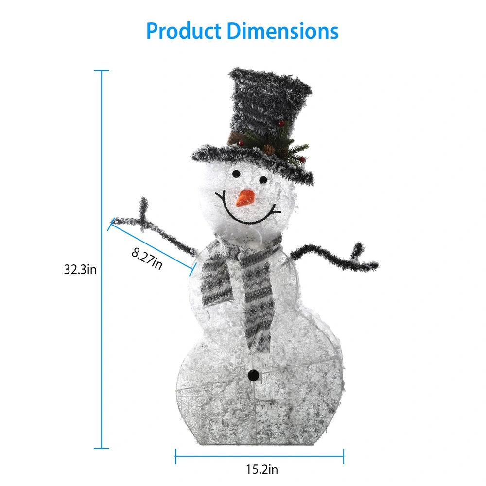 Festive snowman decoration with a black hat, striped scarf, and cheerful expression, showcasing product dimensions of 32.3 inches tall, 15.2 inches wide, and 8.27 inches deep.