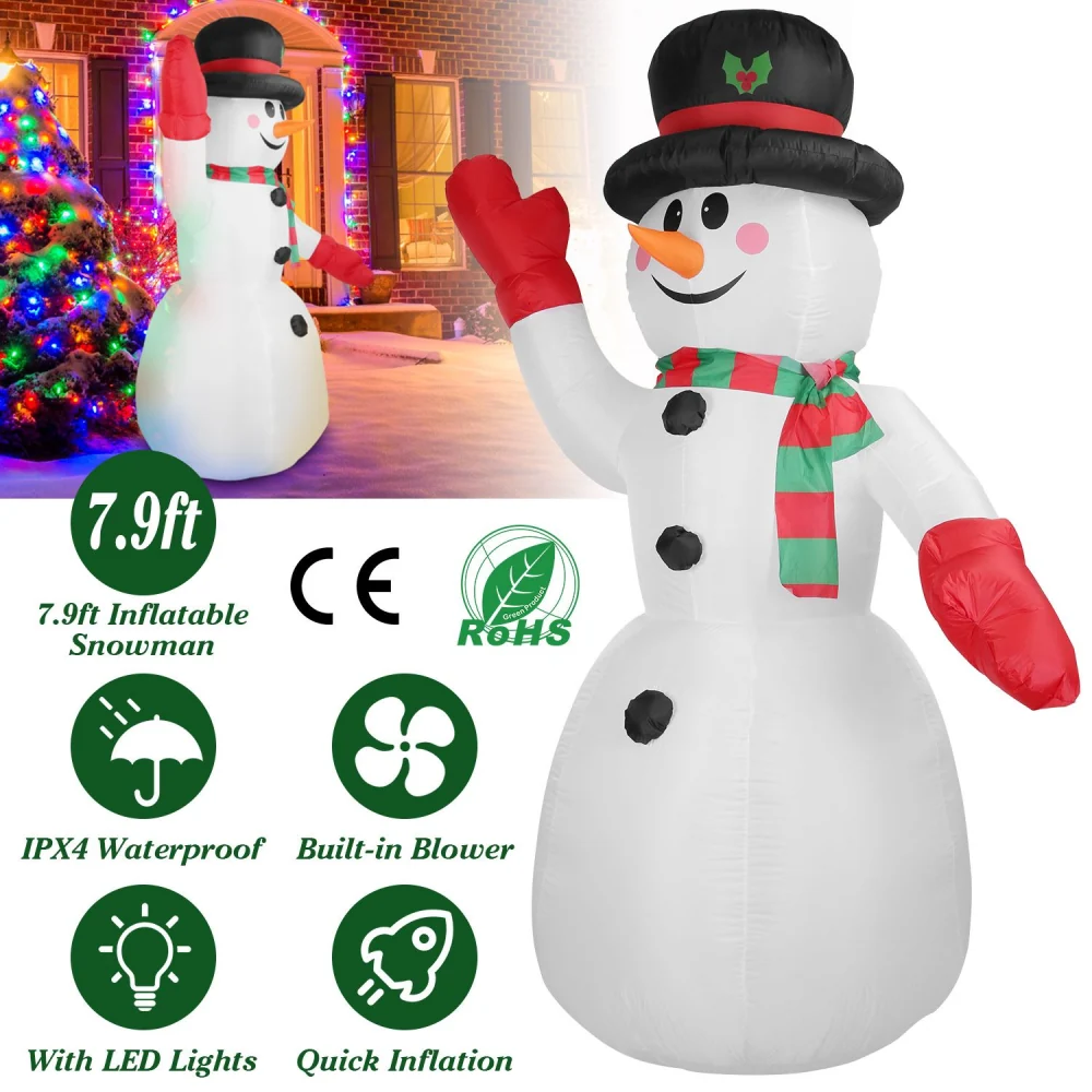 7.9ft inflatable snowman with a black hat, red scarf, and mittens, featuring built-in LED lights, waterproof design, and quick inflation for festive holiday decorations.