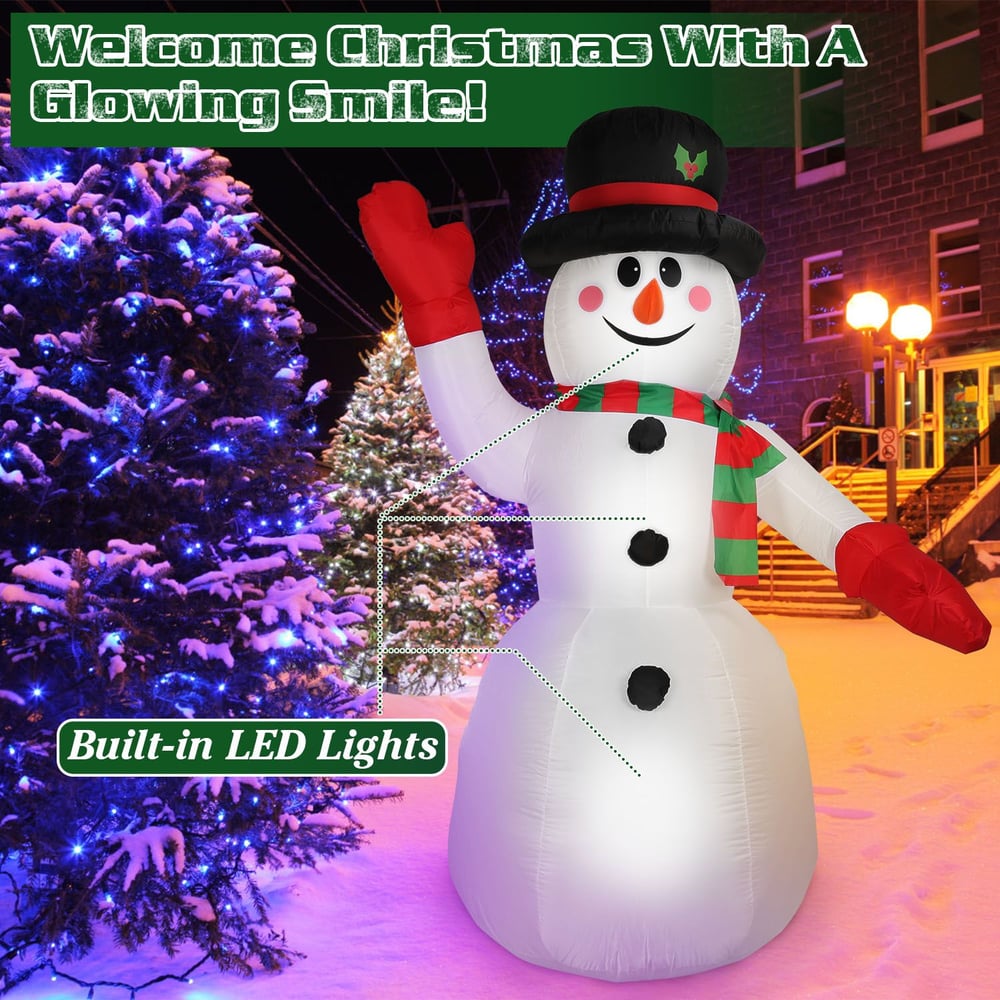 Inflatable Christmas snowman with a welcoming smile, wearing a hat and scarf, featuring built-in LED lights, surrounded by snow and decorated trees.