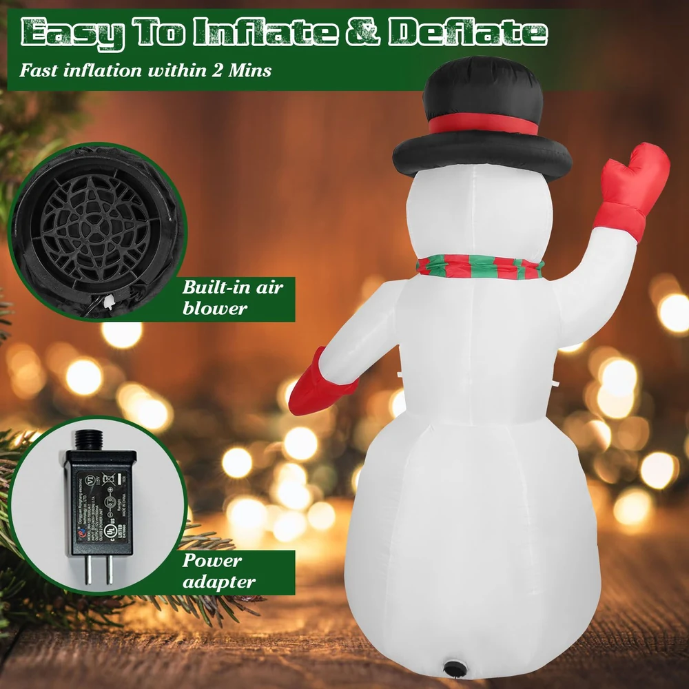 Inflatable Christmas snowman decoration with built-in air blower and power adapter, featuring a festive scarf and waving hand, designed for easy inflation and deflation in under 2 minutes.