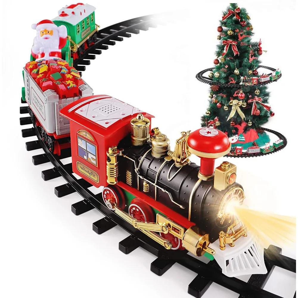 Colorful Christmas toy train set with Santa, gifts, and a decorated Christmas tree on a curved track.