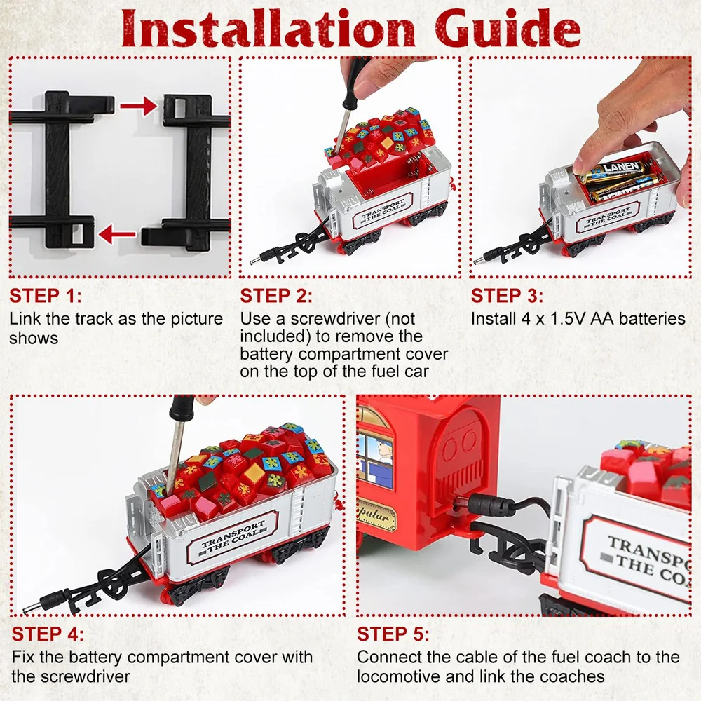 Installation guide for a toy train, showing five steps with visuals: track linking, battery compartment access with screwdriver, battery installation, securing the battery cover, and connecting the fuel coach to the locomotive.