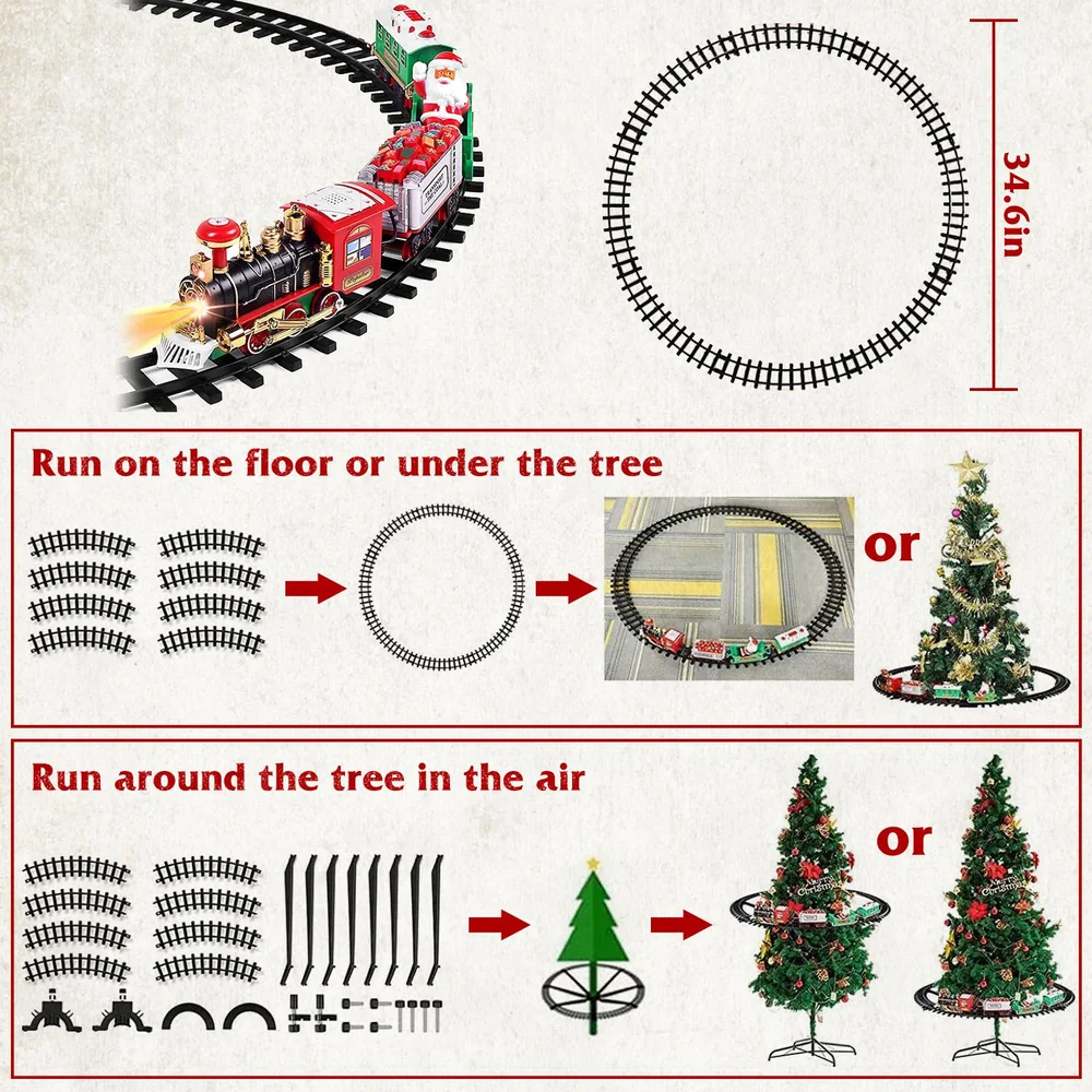 Christmas train set illustration showing how to set up a track on the floor or around a Christmas tree, featuring labeled diagrams and a playful holiday design.