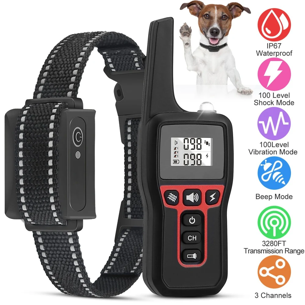 Dog training collar with remote, featuring IP67 waterproof rating, 100 levels of shock and vibration modes, beep option, and a 3280FT transmission range, designed for effective communication and training.