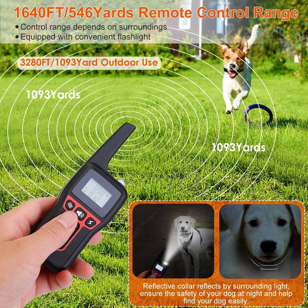 Remote control dog training device with a flashlight, featuring a control range of up to 3280FT, designed to enhance outdoor safety and locate pets easily, illustrated with an energetic dog in a grassy area.
