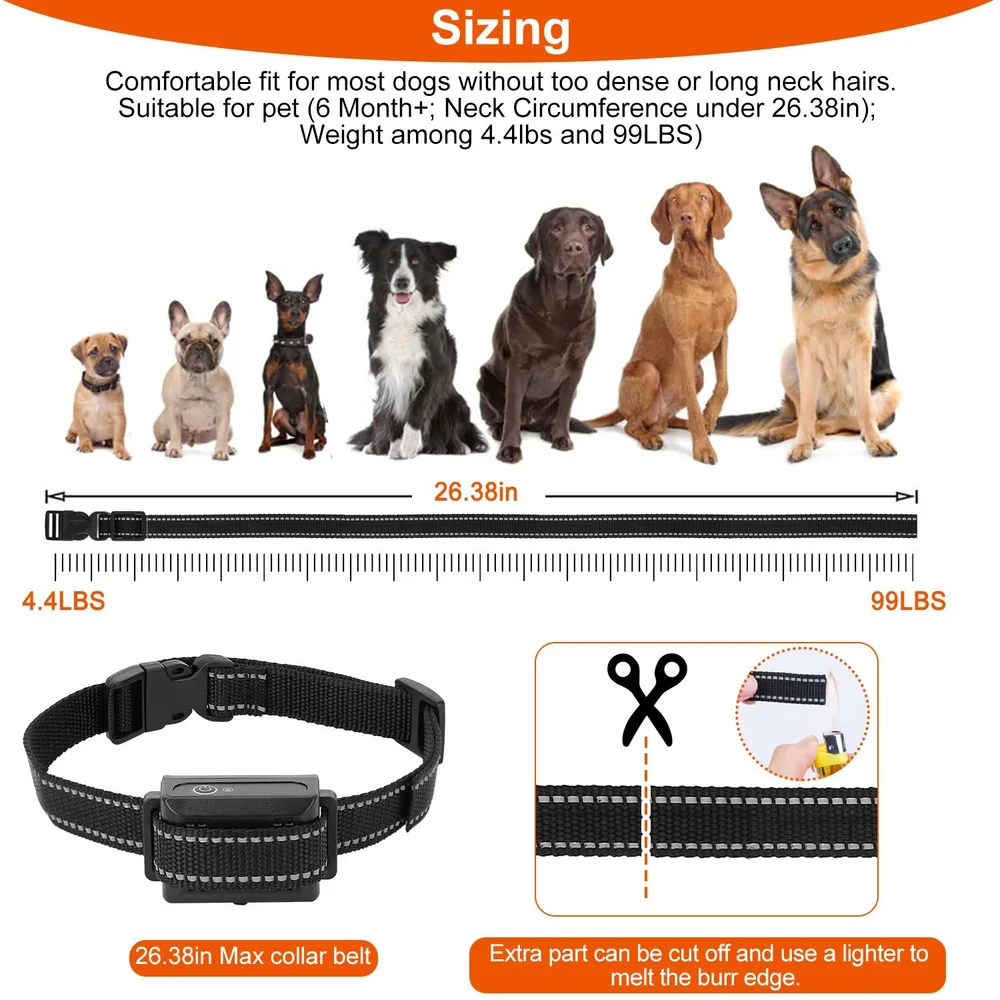 Dog collar sizing chart displaying suitable neck circumference (up to 26.38 inches) and weight (4.4 to 99 lbs) with a black adjustable collar featured below for comfortable fit.
