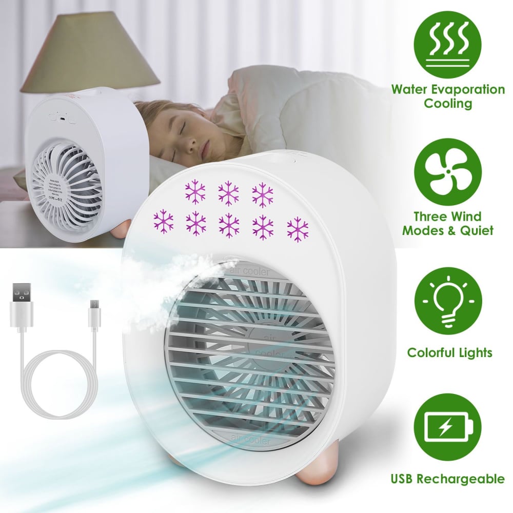 Compact USB rechargeable air cooler featuring water evaporation cooling, three wind modes, colorful lights, and a quiet operation, displayed with a charging cable in a cozy room setting.