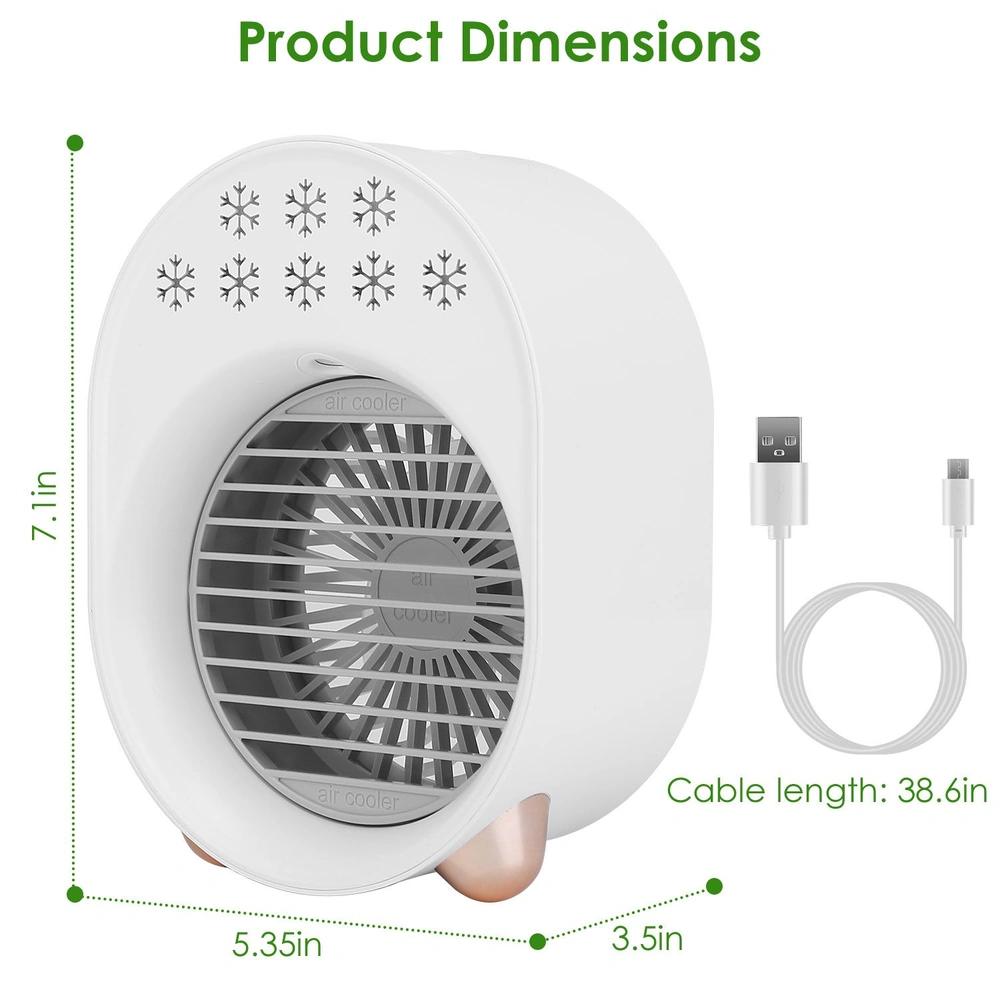 White compact air cooler with snowflake design, measuring 7.1 inches in height, 5.35 inches in width, and 3.5 inches in depth, accompanied by a 38.6-inch USB charging cable.
