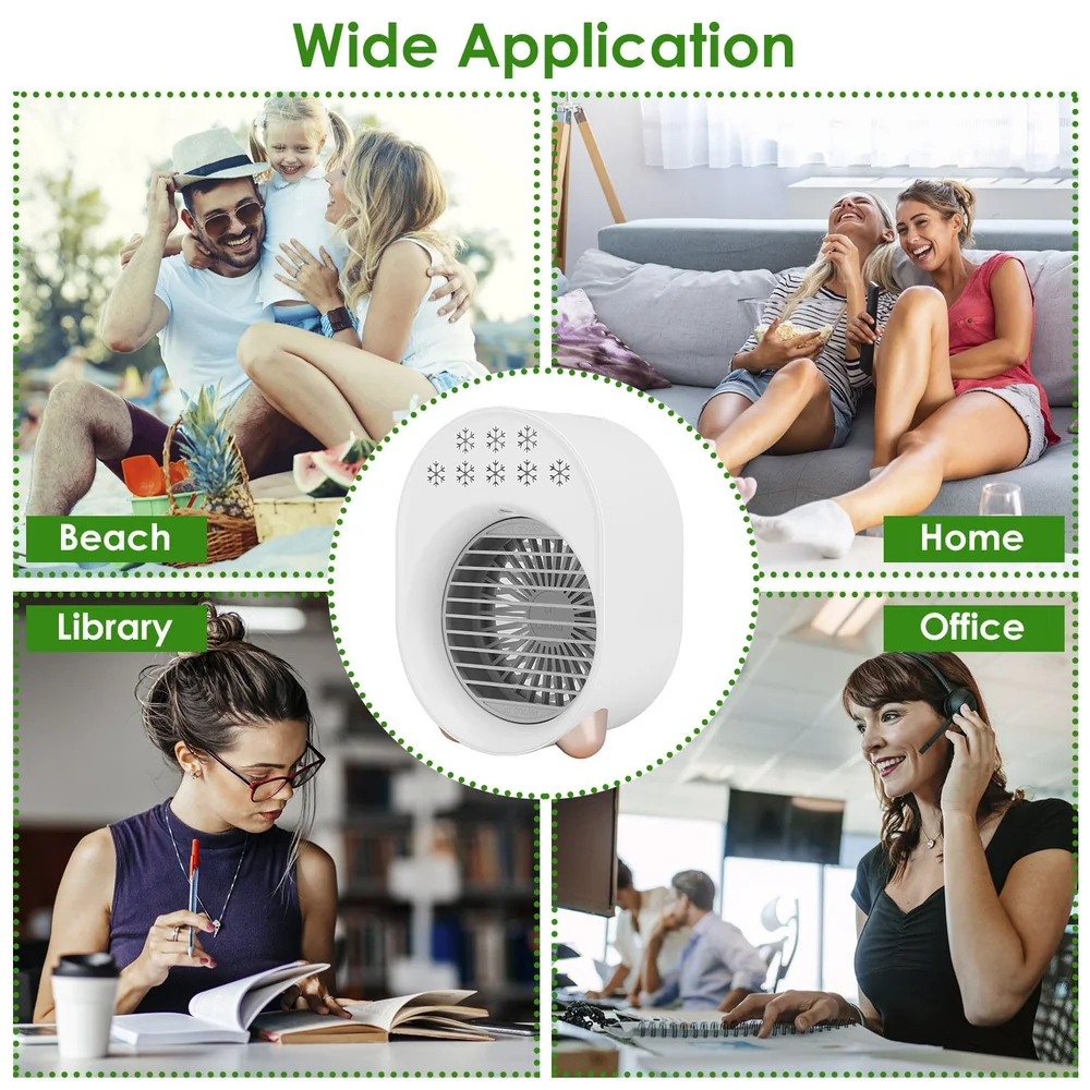 Compact portable fan with versatile use in beach, home, library, and office settings, providing efficient cooling and comfort.