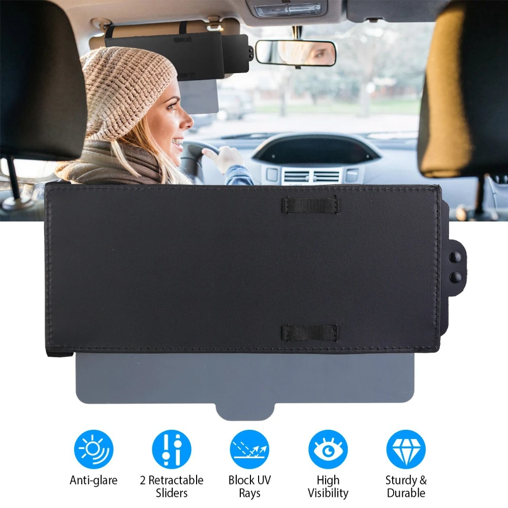 Car sun visor extender featuring anti-glare fabric, dual retractable sliders, and UV ray protection, installed inside a vehicle for enhanced visibility and comfort while driving.