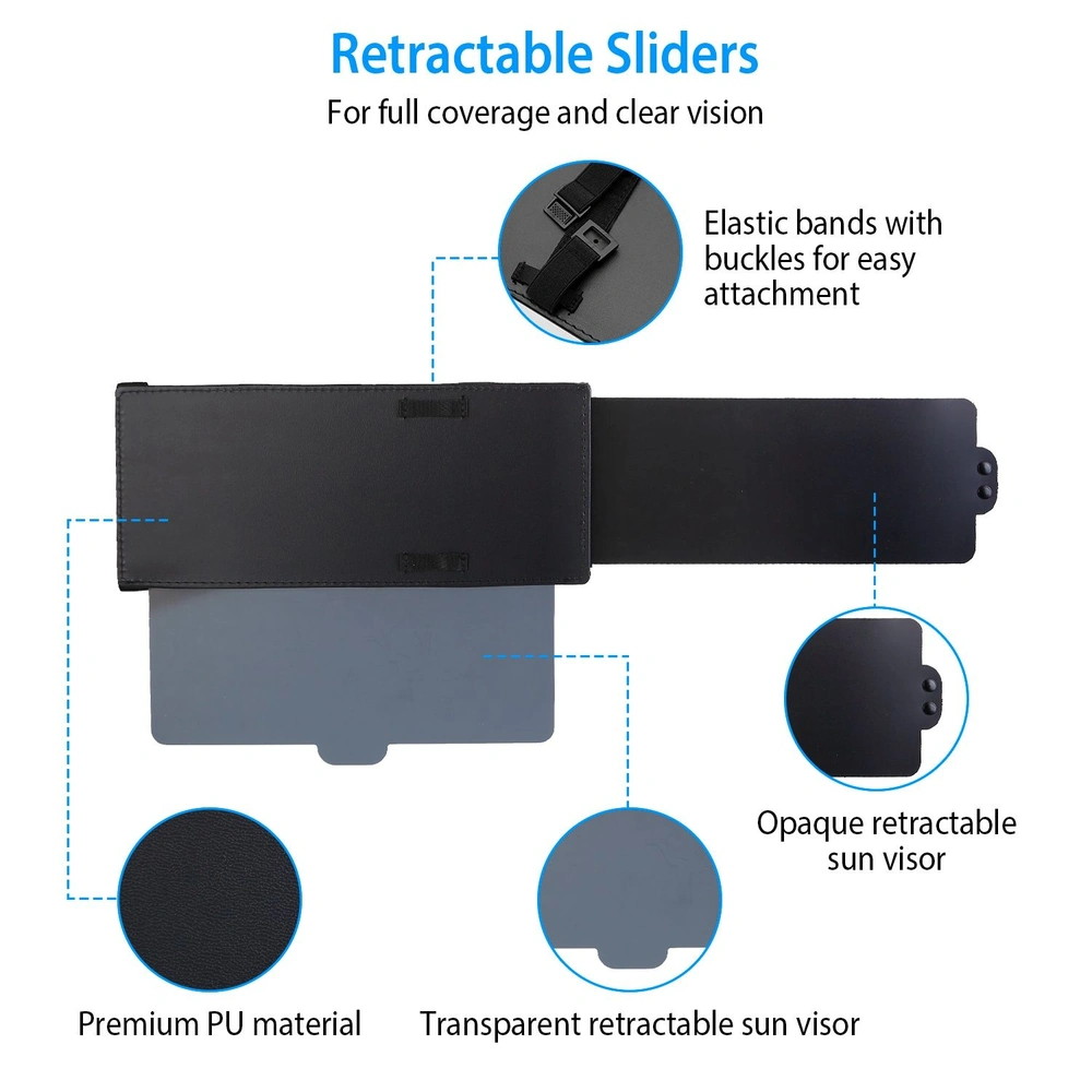 Retractable sun visor system showcasing premium PU material, elastic bands with buckles for easy attachment, and both transparent and opaque visor options for optimal coverage and clear vision.
