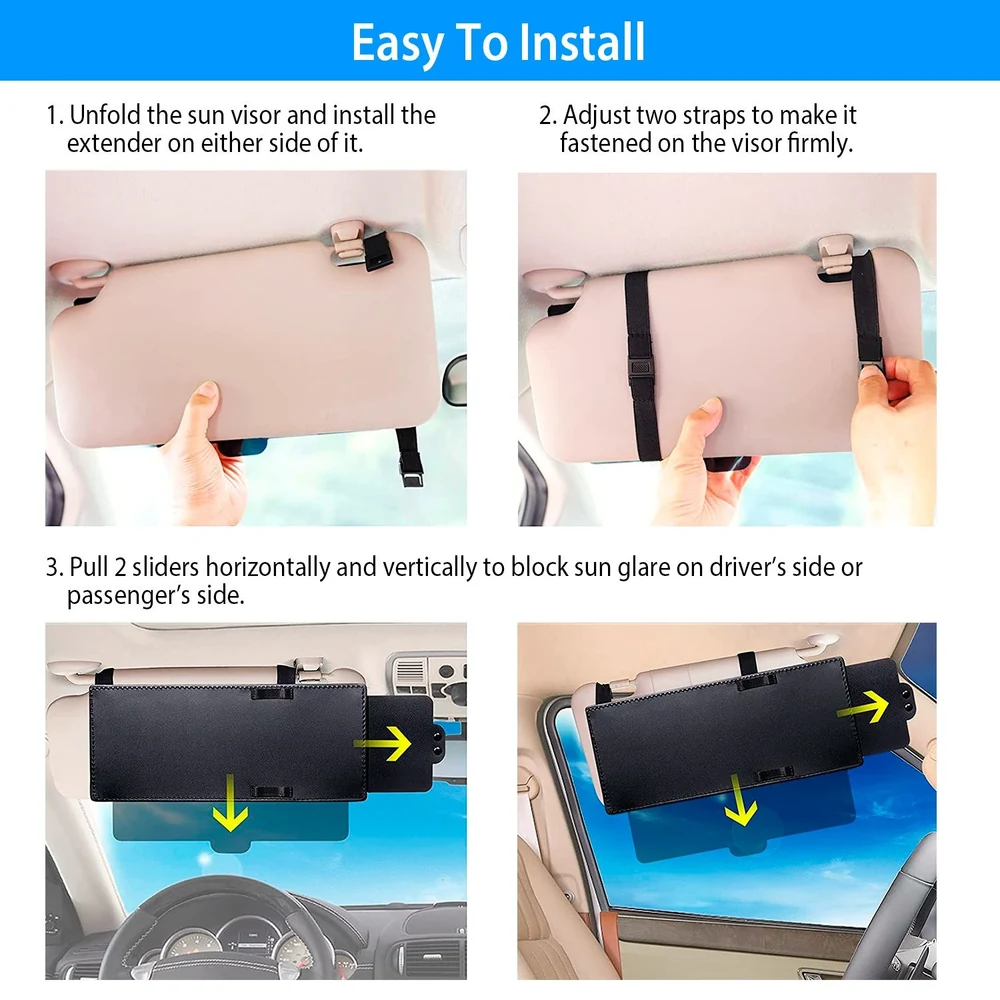 Car sun visor extender installation guide with step-by-step images demonstrating how to attach and adjust the extender to block glare from the sun.