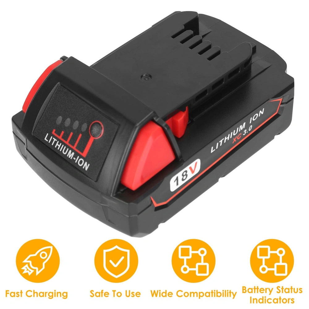 18V lithium-ion battery pack with fast charging, safety features, wide compatibility, and battery status indicators.