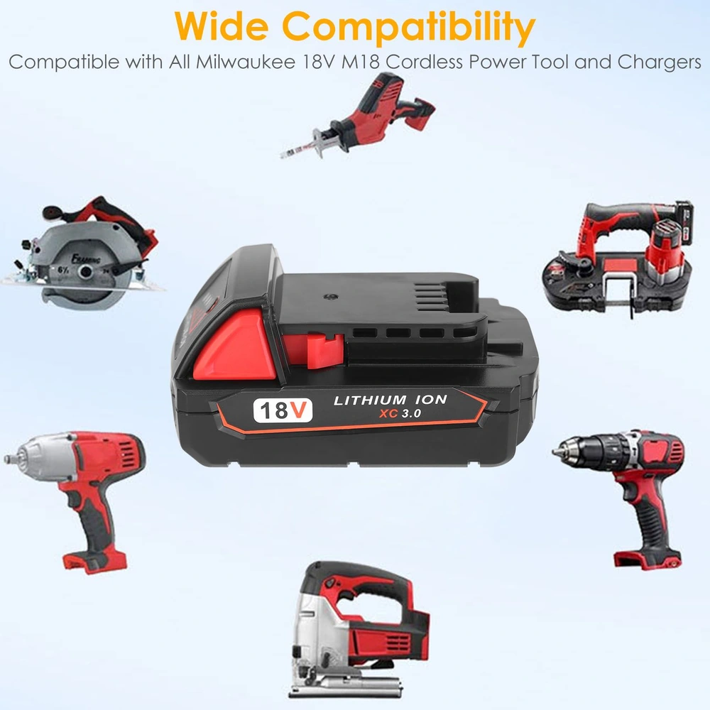 18V lithium ion battery compatible with Milwaukee M18 cordless power tools, featuring a sleek design and optimal performance for various applications.