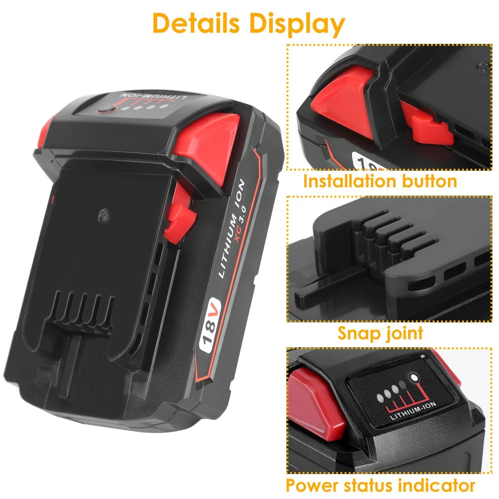 Lithium-ion battery pack featuring installation button, snap joint, and power status indicator, designed for 18V tools.