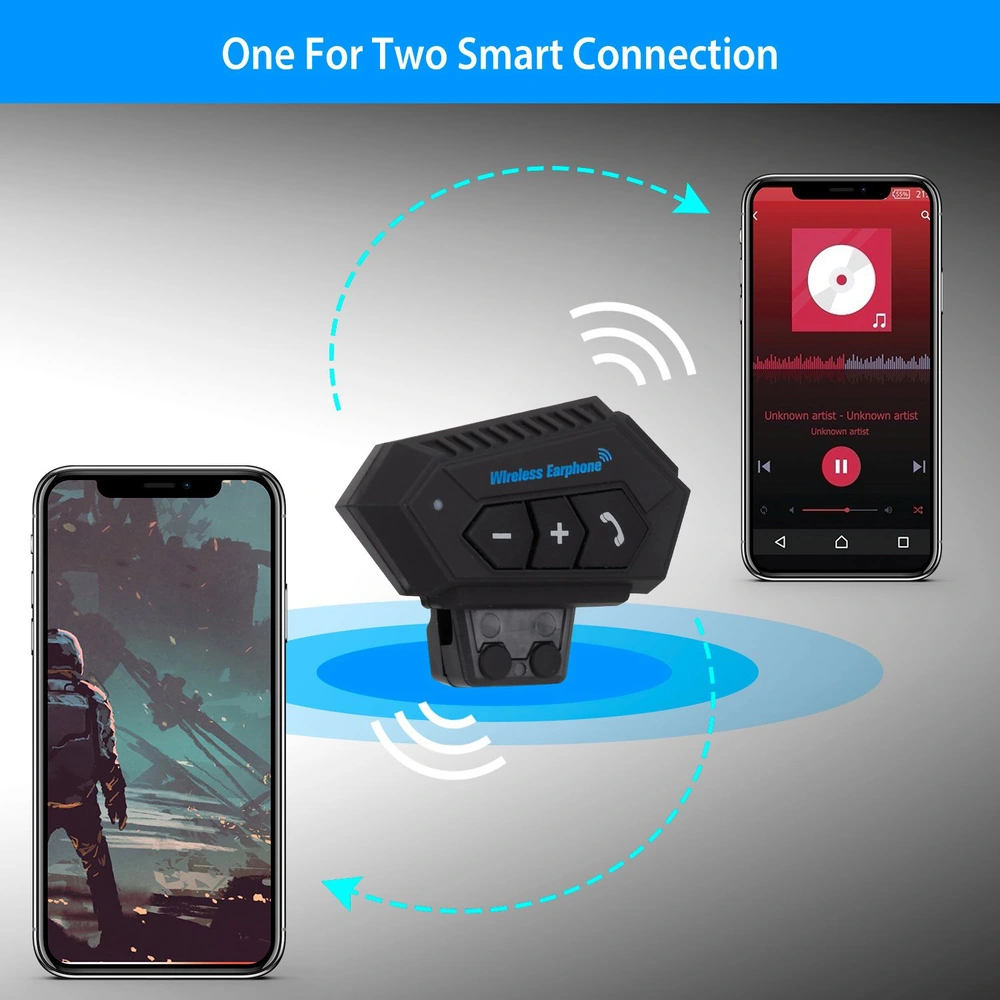 Wireless earphone adapter displayed between two smartphones, showcasing dual connectivity with media controls and Bluetooth technology.