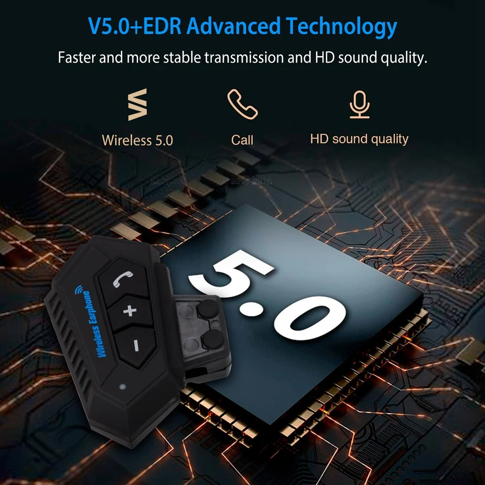 Wireless earphone with Bluetooth 5.0 technology showcased on a circuit board background, highlighting features like HD sound quality and stable transmission.