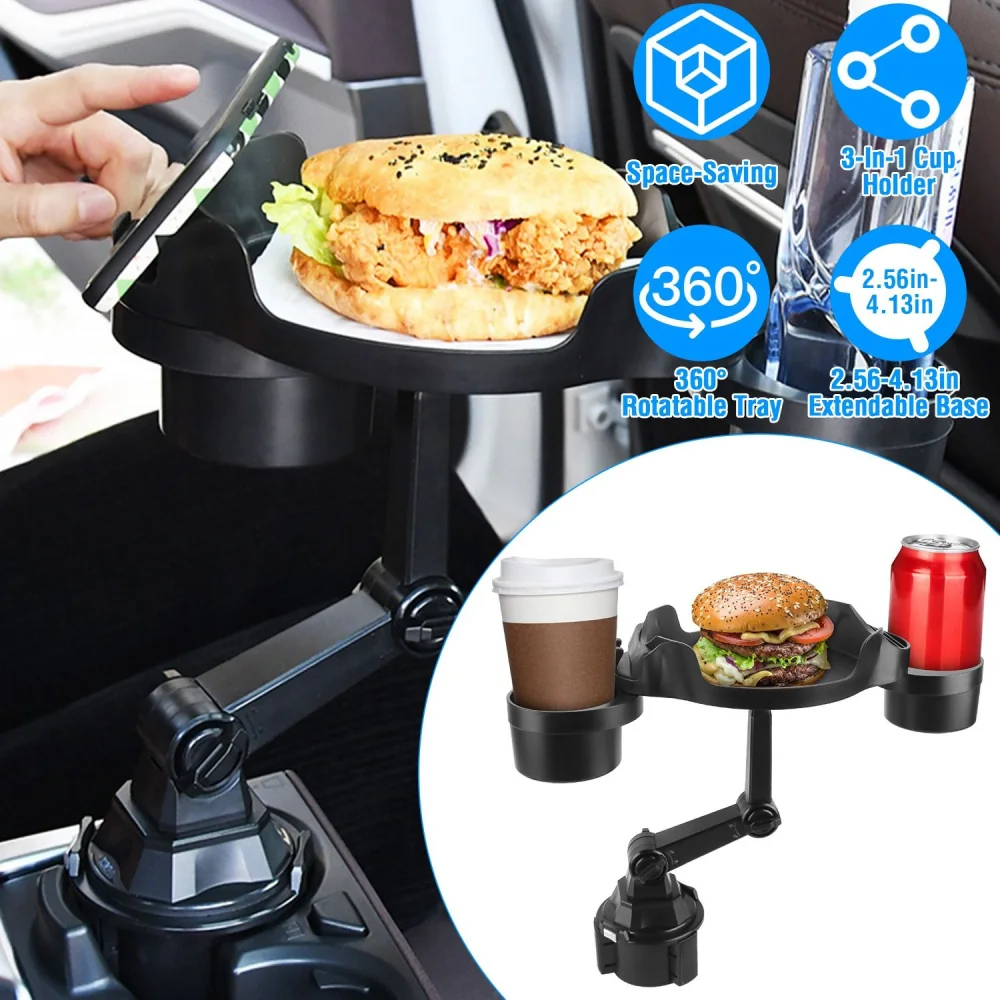 Car food tray with cup holder, featuring a 360-degree rotatable design, holding a sandwich, coffee, and soda, demonstrating convenient, space-saving functionality for in-car dining.
