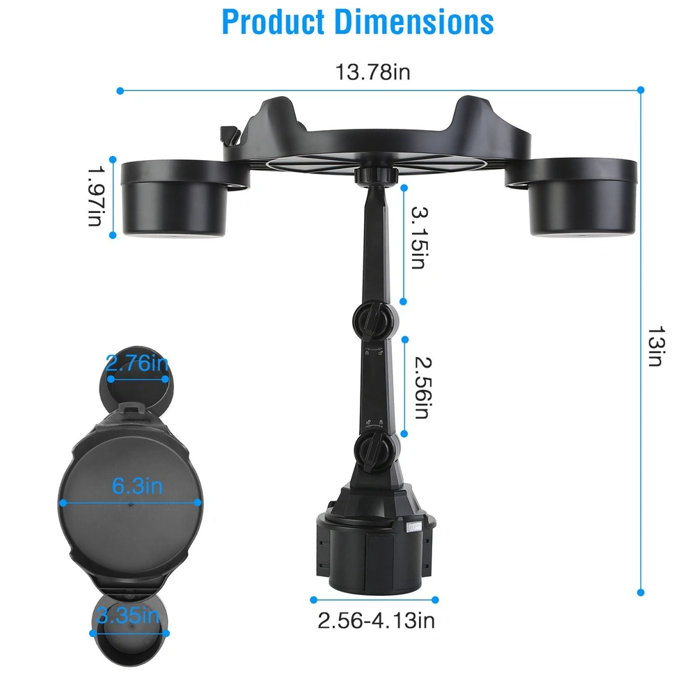 Product image showing dimensions of a black multi-functional kitchen organizer, measuring 13.78 inches in width and 13 inches in height with adjustable height components.