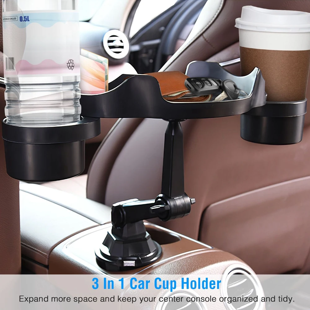 3-in-1 car cup holder with adjustable design, featuring compartments for a water bottle, coffee cup, and small items like keys, enhancing organization and space-saving in vehicle center consoles.
