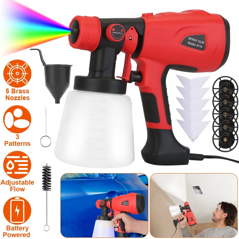 Battery-powered spray gun with adjustable flow, five brass nozzles, and three spray patterns, ideal for various painting tasks; includes funnel, cleaning brush, and instructional guide.