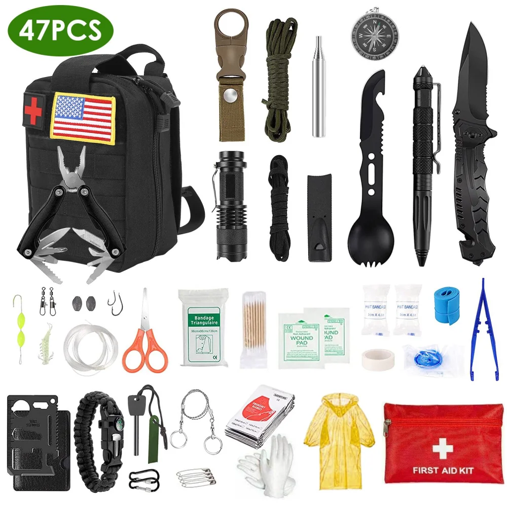 47-piece survival first aid kit including a tactical backpack, multi-tool pliers, flashlight, survival knife, and various medical supplies suitable for emergencies and outdoor activities.