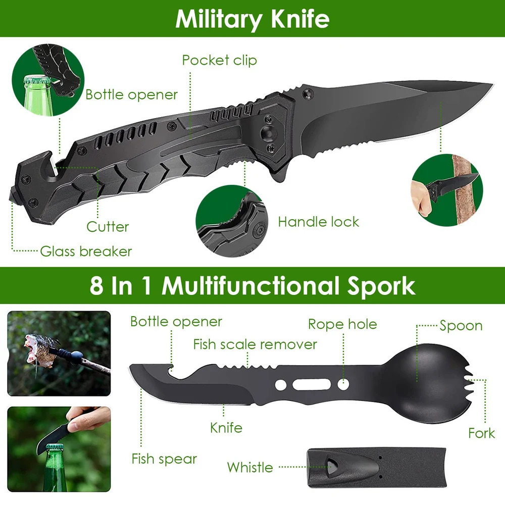 Military knife and 8-in-1 multifunctional spork featuring various tools including a bottle opener, knife, fork, spoon, fish spears, glass breaker, and whistle, ideal for outdoor adventures and emergencies.