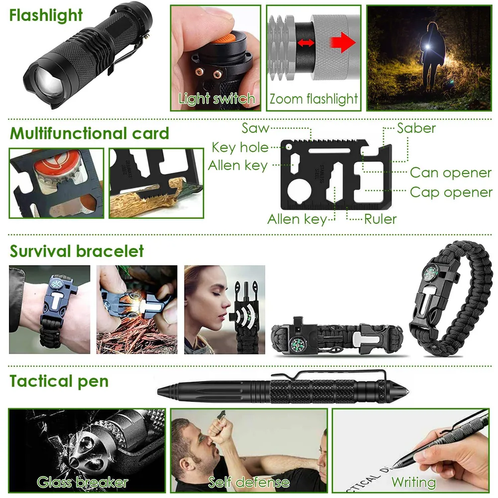Multi-functional survival gear set including a zoom flashlight, multifunctional card with various tools, survival bracelet with compass, and tactical pen for self-defense and writing.