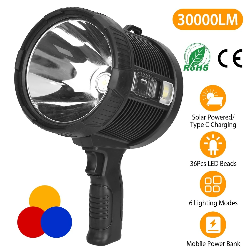 High-powered rechargeable spotlight with 30,000 lumens, solar and Type C charging options, featuring 36 LED beads, 6 lighting modes, and a built-in mobile power bank.