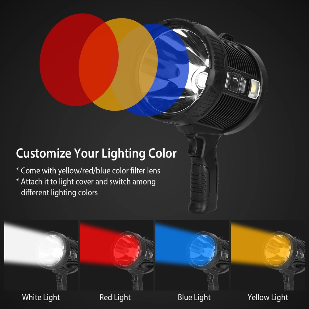Customizable multi-color flashlight with attached yellow, red, and blue filter lenses for versatile lighting options, showcasing white, red, blue, and yellow light outputs.