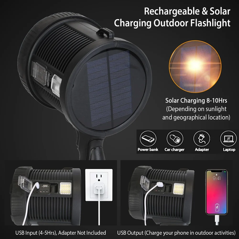 Rechargeable and solar charging outdoor flashlight with USB input/output, showcasing solar panel and charging options for versatile use.