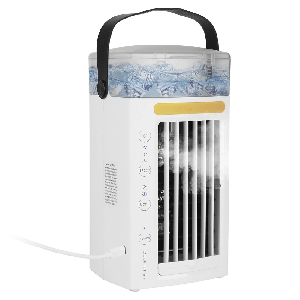 Portable mini air conditioner with a water tank, adjustable airflow settings, and a carrying handle, emitting cool mist.