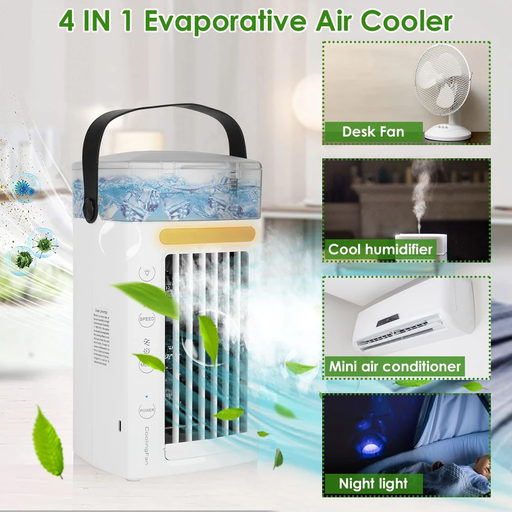 4-in-1 evaporative air cooler with desk fan, cool humidifier, mini air conditioner, and night light features, ideal for home and office use.