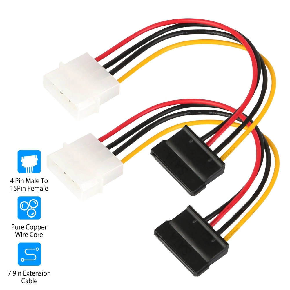 4-pin male to 15-pin female power extension cable with pure copper wire core, measuring 7.9 inches long, featuring red, black, and yellow wires for enhanced connectivity.
