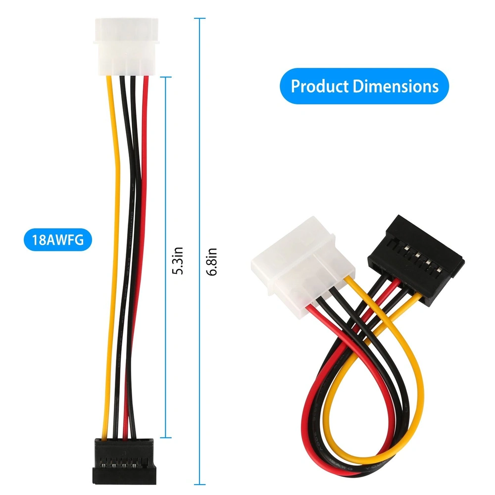 18AWG power cable adapter with two connectors, measuring 5.3 inches and 6.8 inches, suitable for computer hardware connections.