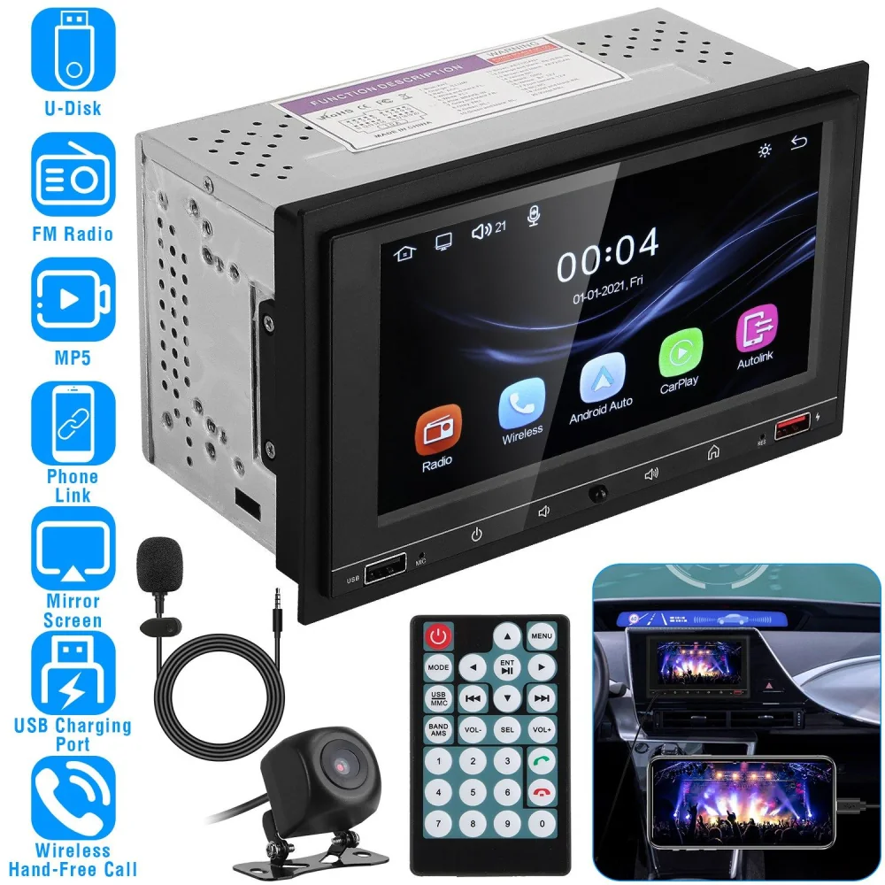 Car multimedia player with a touchscreen display showcasing features like FM radio, MP5, phone link, mirror screen, USB charging port, and wireless hand-free calling, accompanied by a remote control and a rearview camera.